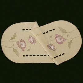Tischläufer - oval ecru-bunt Stickerei "Mohnblume" (30/70 cm)