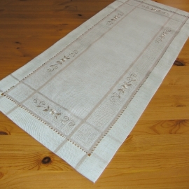 Tischläufer - Leinenoptik, Hohlsaum & Stickerei "Blume beige" (40/90 cm)