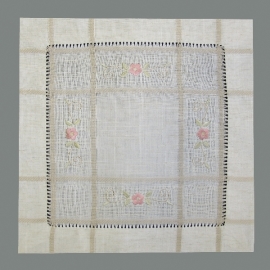 Decke quadratisch - Leinenoptik, Hohlsaum & Stickerei "Blume rosa" (35/35 cm)