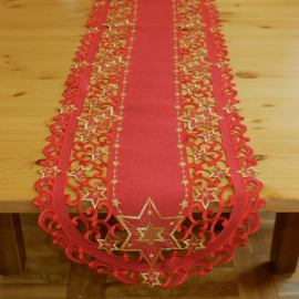 Tischläufer - 40 x 140 cm oval, rot-gold Stickerei Sterne