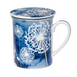 Dandelion - Porzellan-Teesiebbecher mit Deckel und Edelstahlsieb - blau