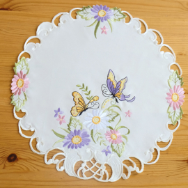 Runde Decke - ecru-bunt Stickerei Schmetterling & Blumen (Ø 40)